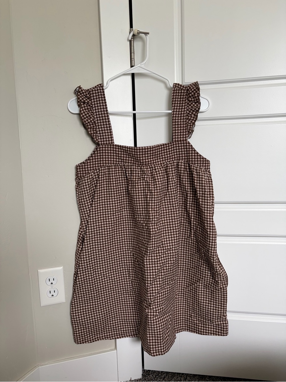 Motel Rocks Brown Gingham Ruffle-Strap Mini Dress